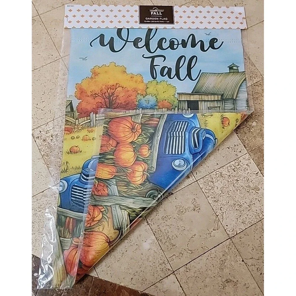Welcome Fall Garden Flag Blue Vintage Truck Pumpkins Autumn Yard Decor Seasonal